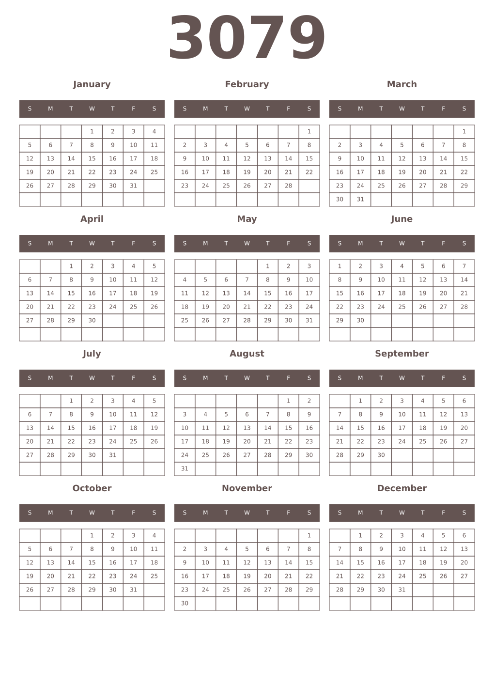 Printable 3079 Year Calendars wenge