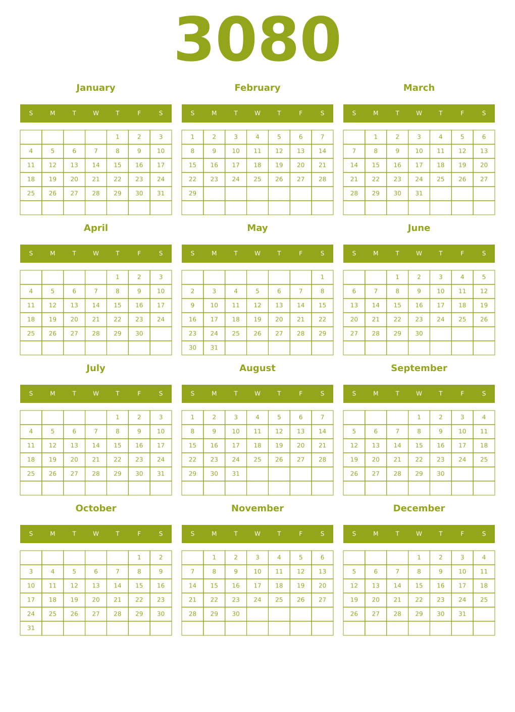 Printable 3080 Year Calendars chartreuse
