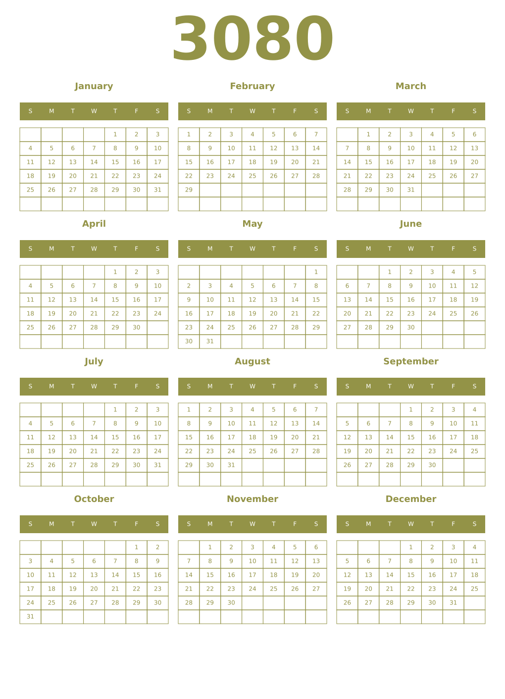 Printable 3080 Year Calendars eburnean