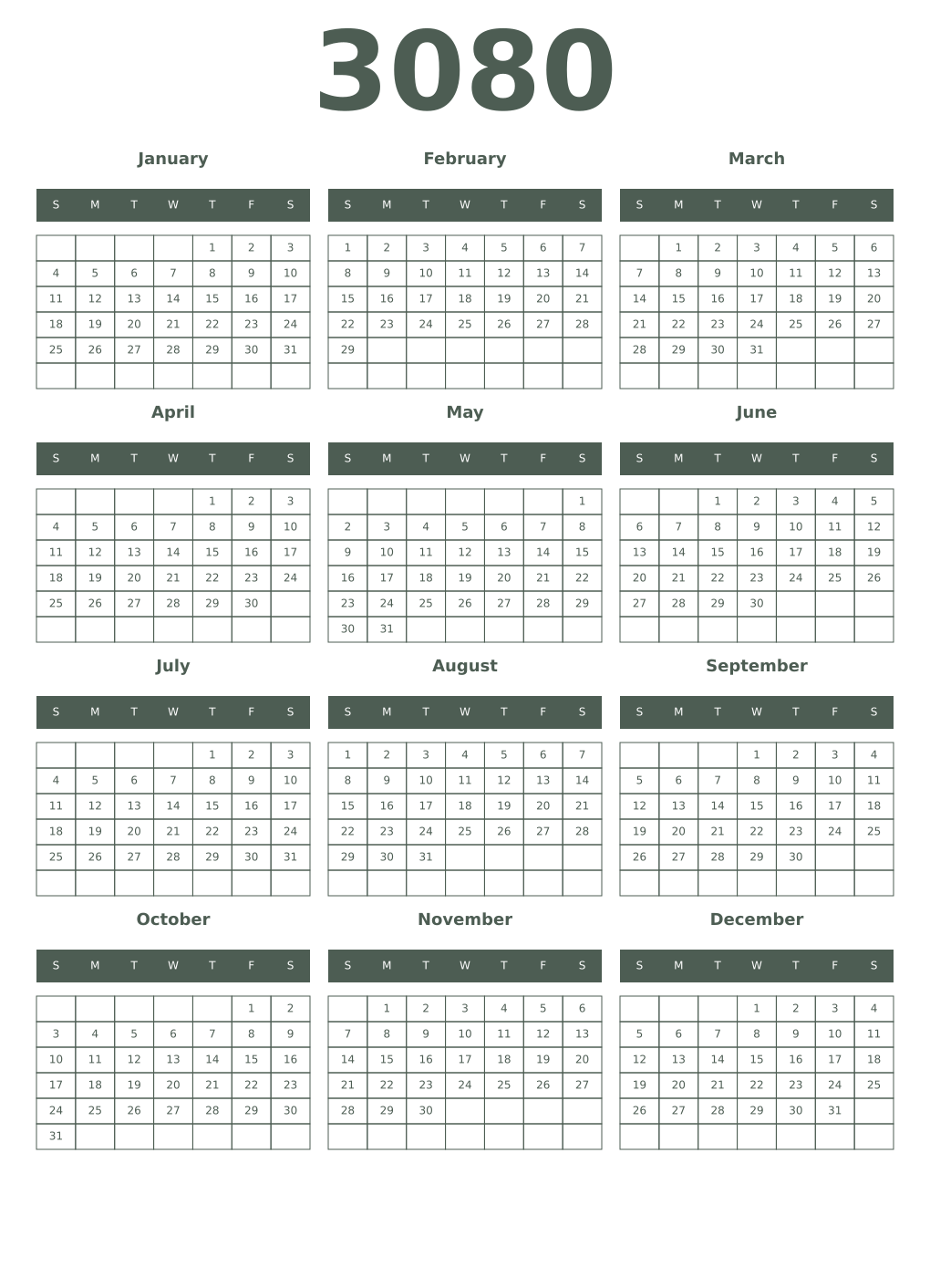 Printable 3080 Year Calendars feldgrau