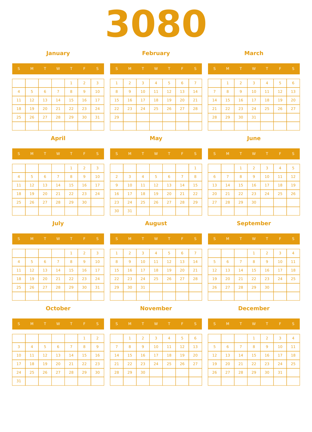 Printable 3080 Year Calendars gamboge
