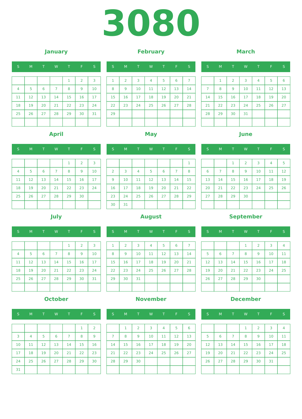 Printable 3080 Year Calendars green