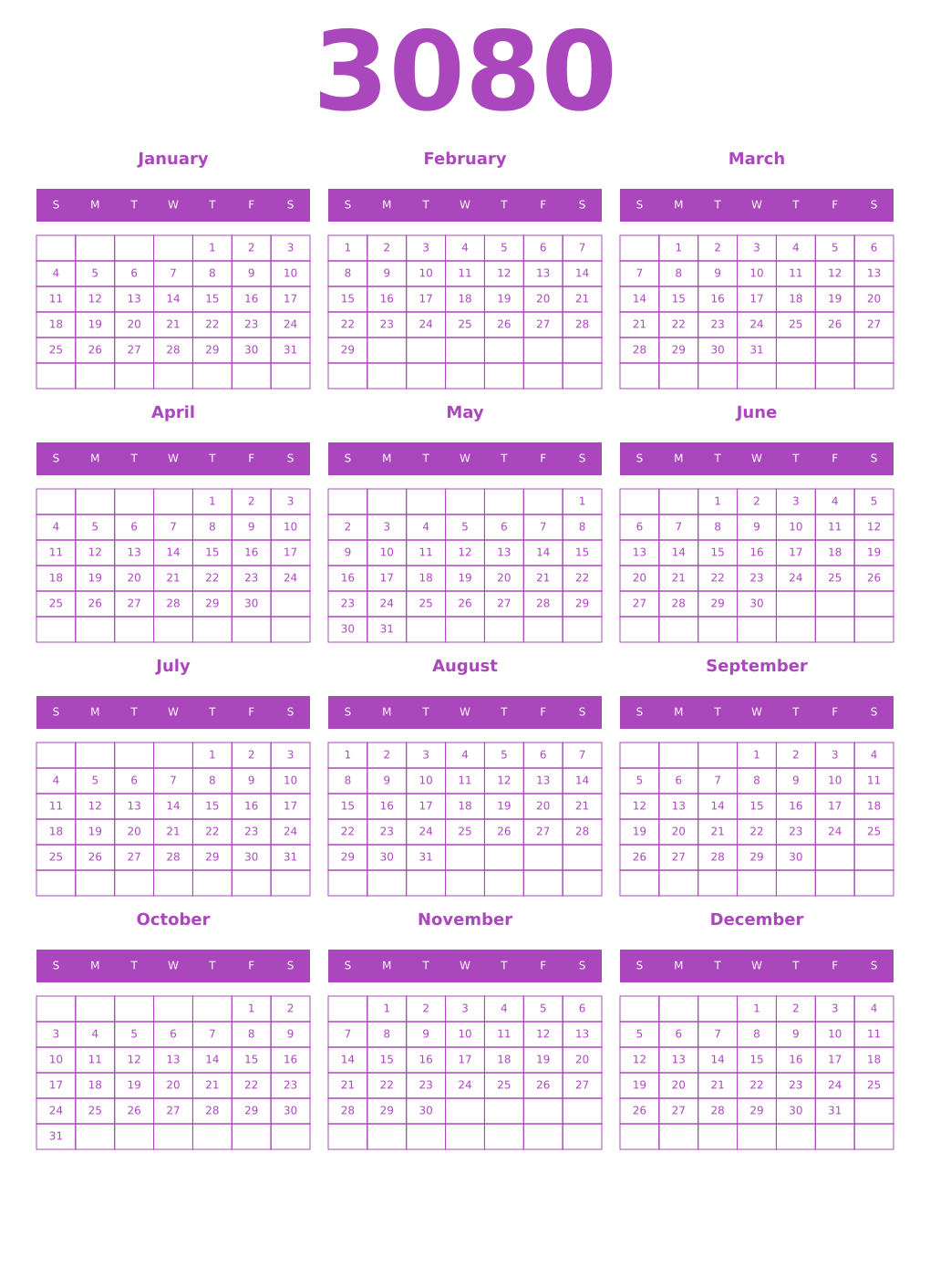 Printable 3080 Year Calendars purple
