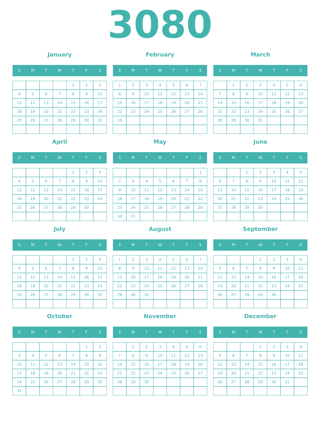 Printable 3080 Year Calendars verdigris