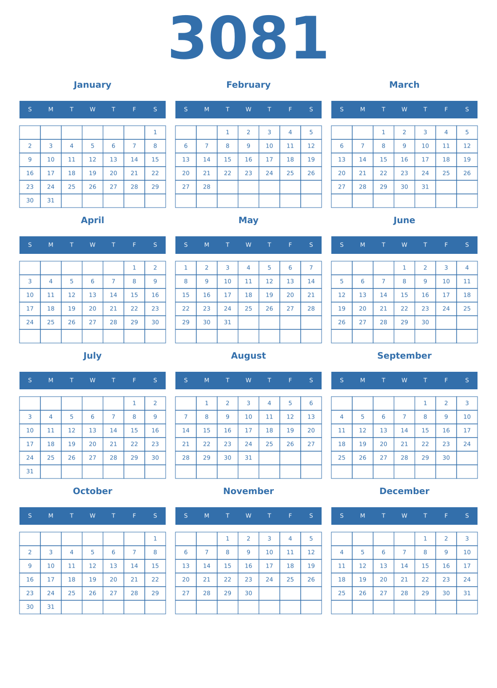 Printable 3081 Year Calendars blue
