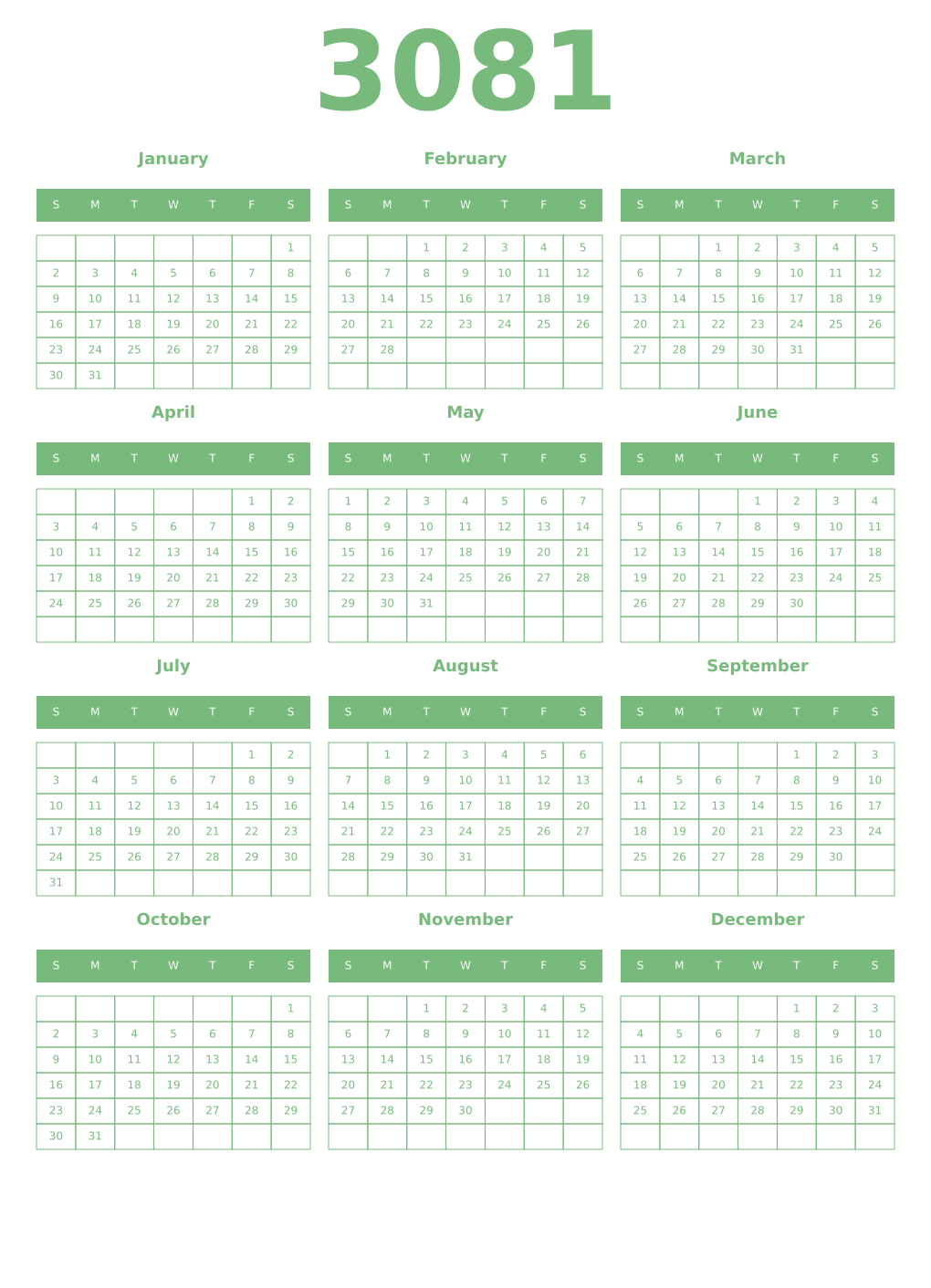 Printable 3081 Year Calendars celadon