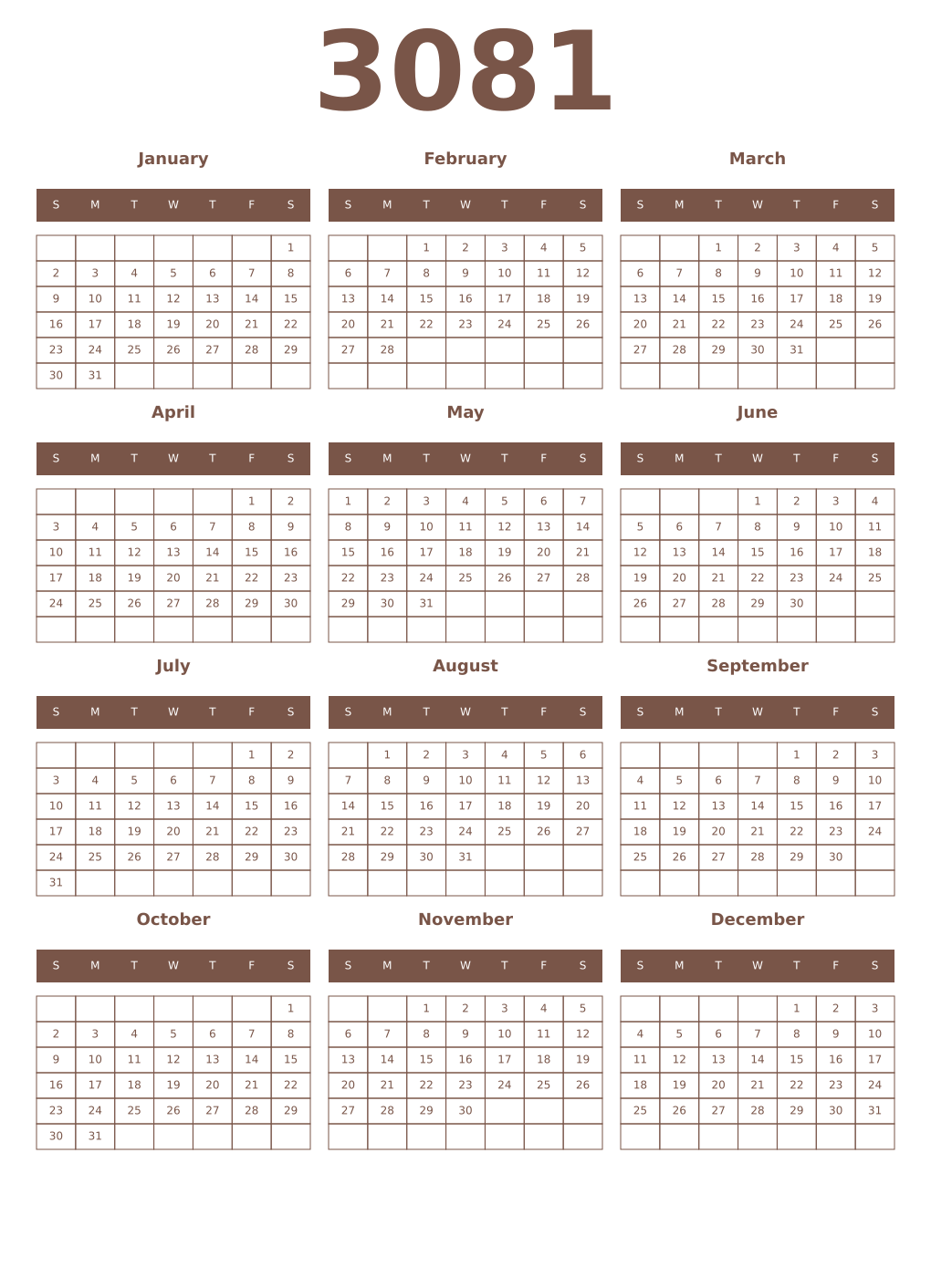 Printable 3081 Year Calendars coffe