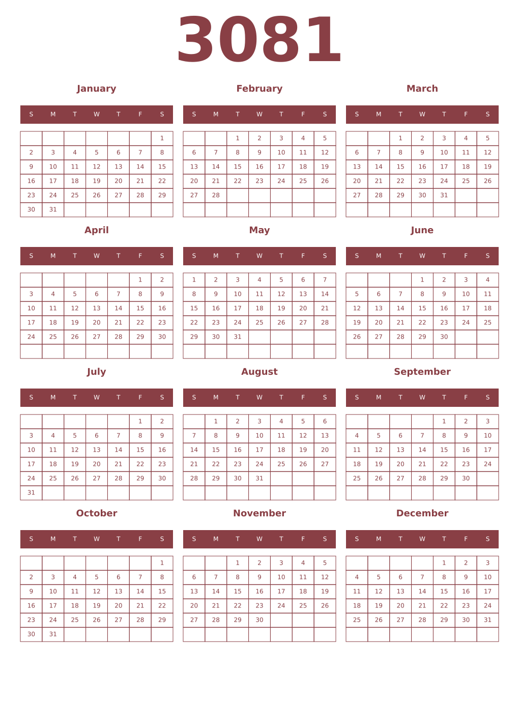 Printable 3081 Year Calendars cordovan