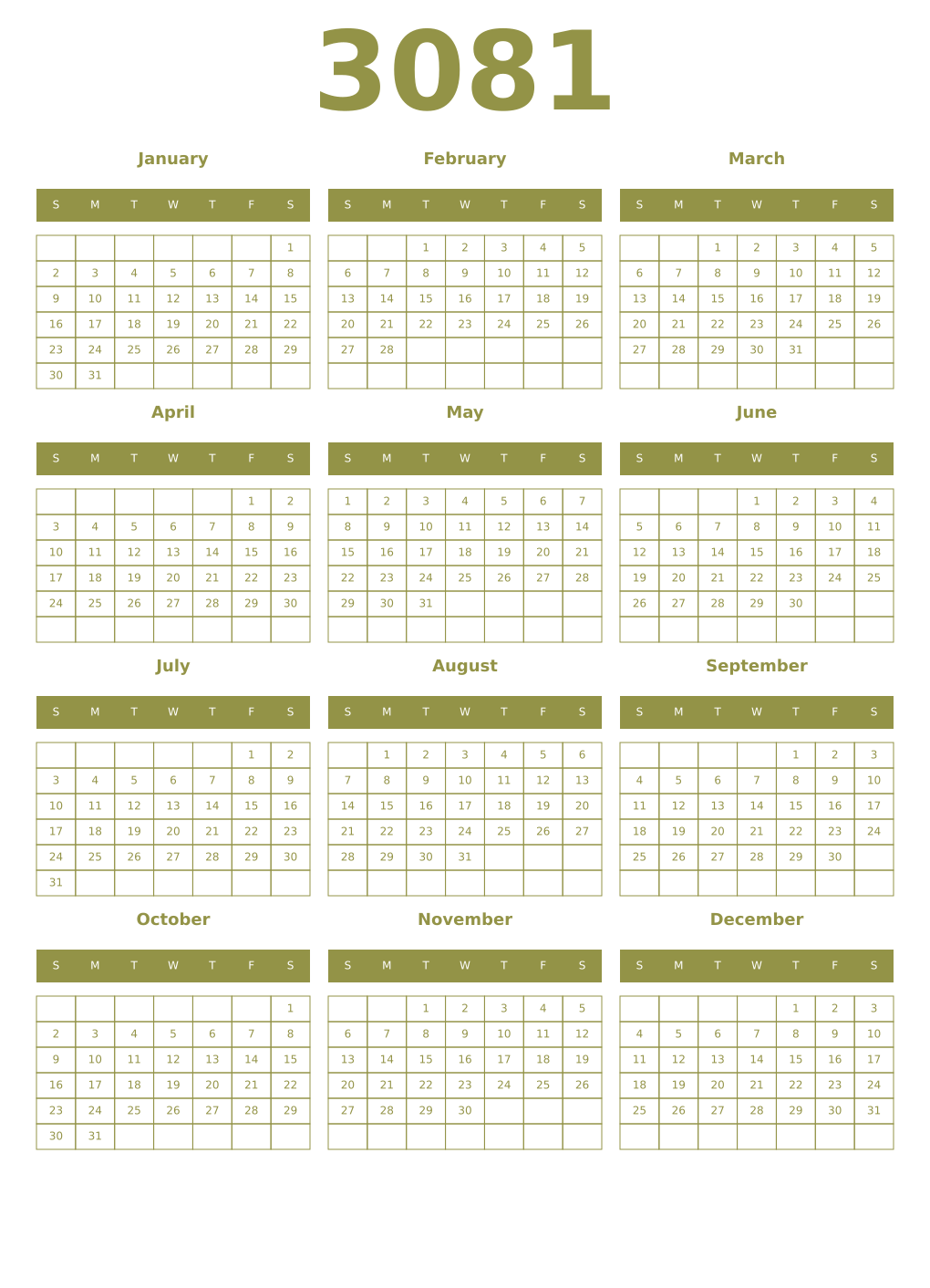 Printable 3081 Year Calendars eburnean