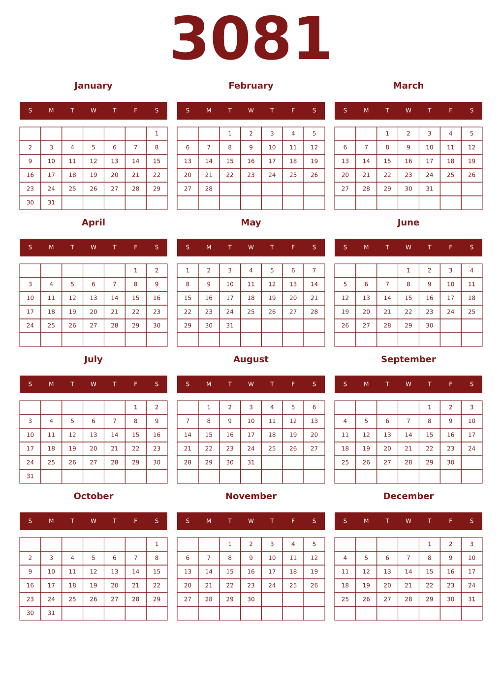 Printable 3081 Year Calendars falu