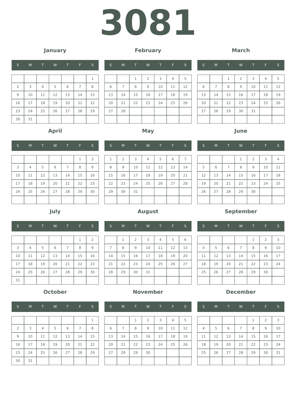 Printable 3081 Year Calendars feldgrau