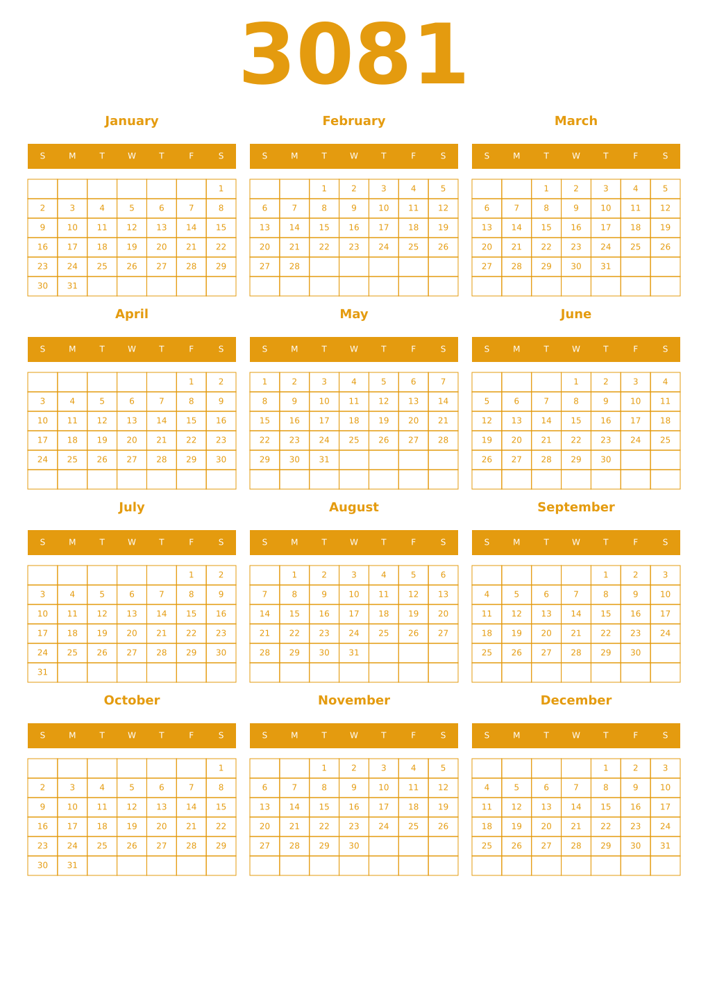 Printable 3081 Year Calendars gamboge