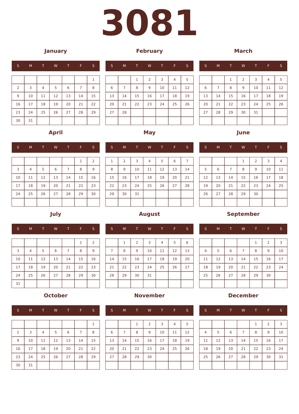 Printable 3081 Year Calendars mortuum
