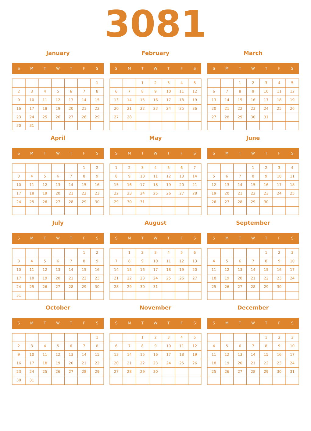 Printable 3081 Year Calendars orange