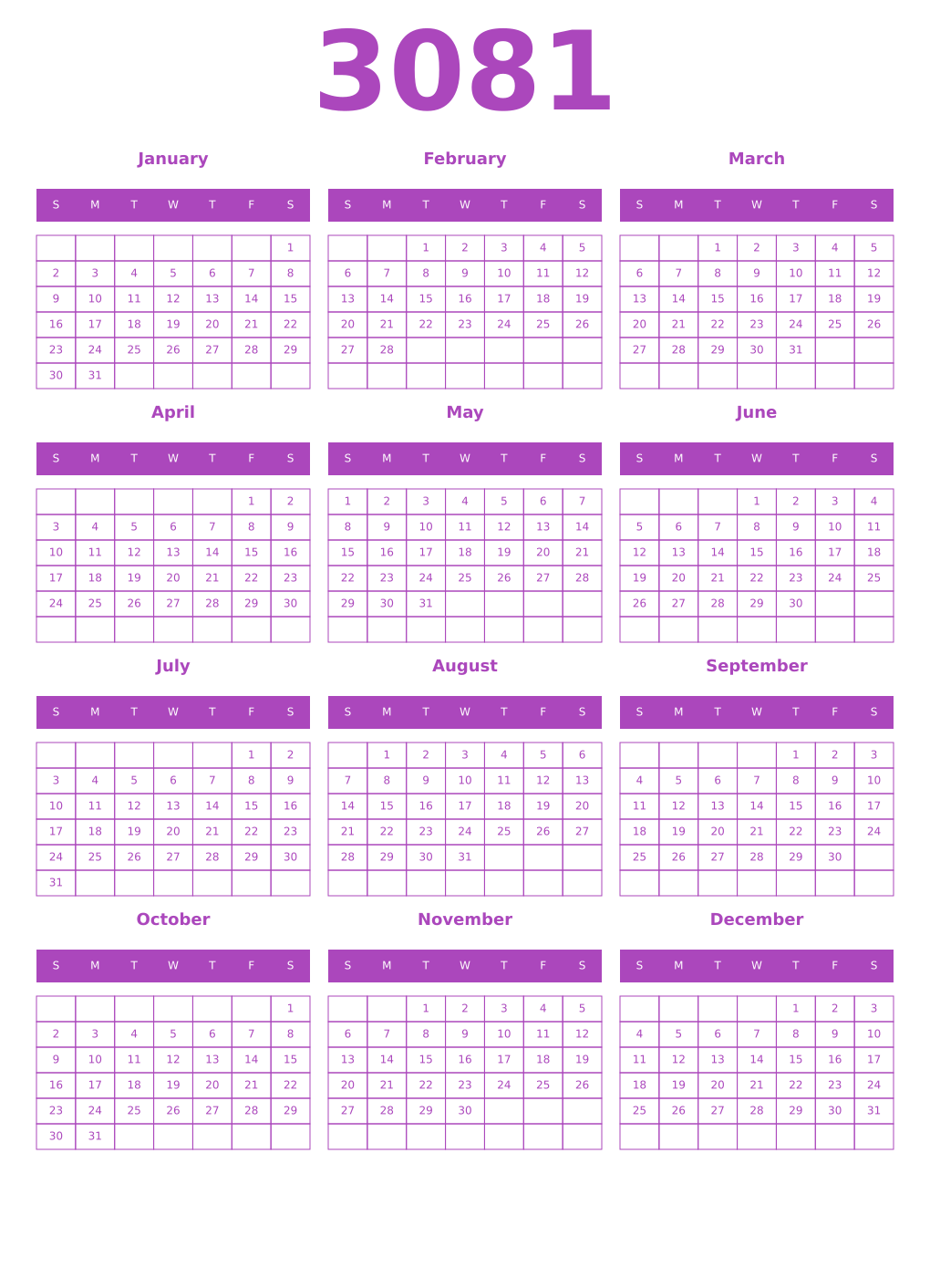 Printable 3081 Year Calendars purple