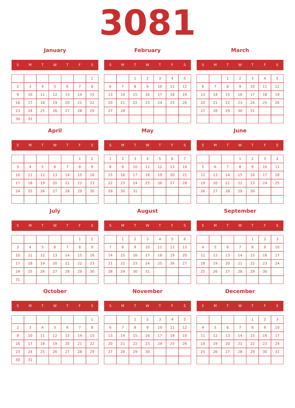 Printable 3081 Year Calendars red