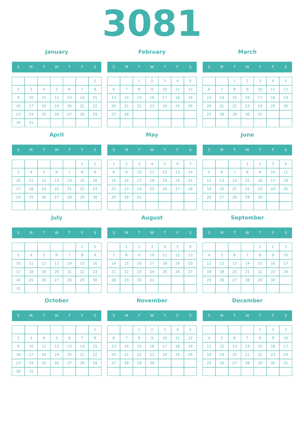 Printable 3081 Year Calendars verdigris
