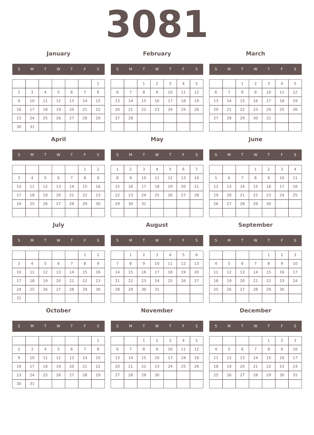 Printable 3081 Year Calendars wenge