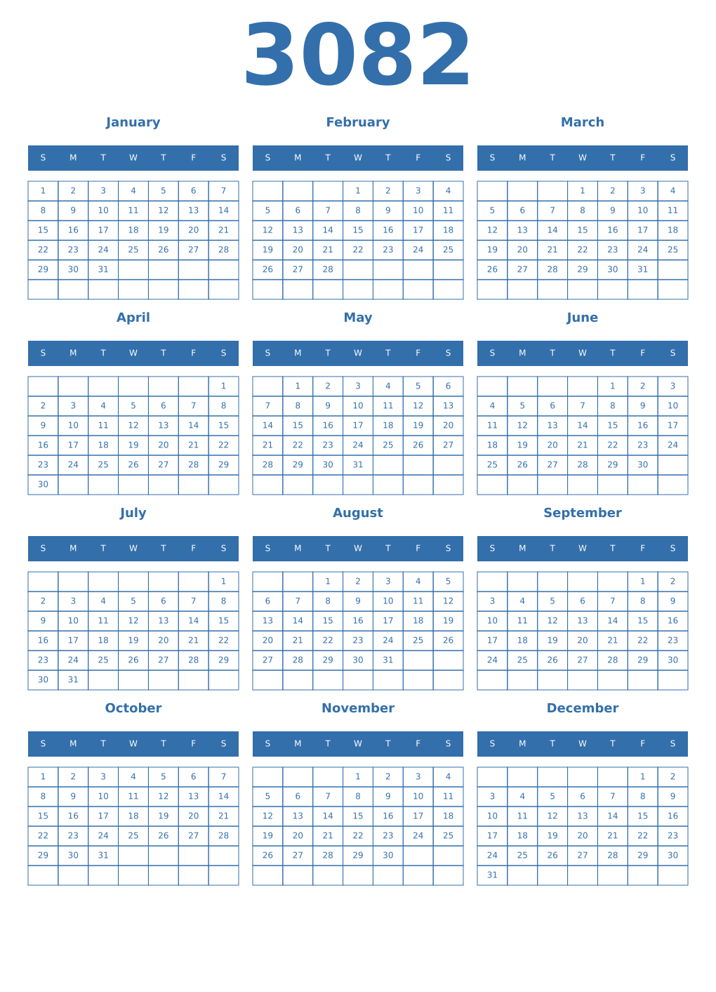 Printable 3082 Year Calendars blue