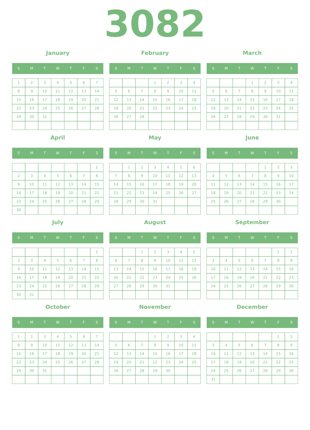 Printable 3082 Year Calendars celadon