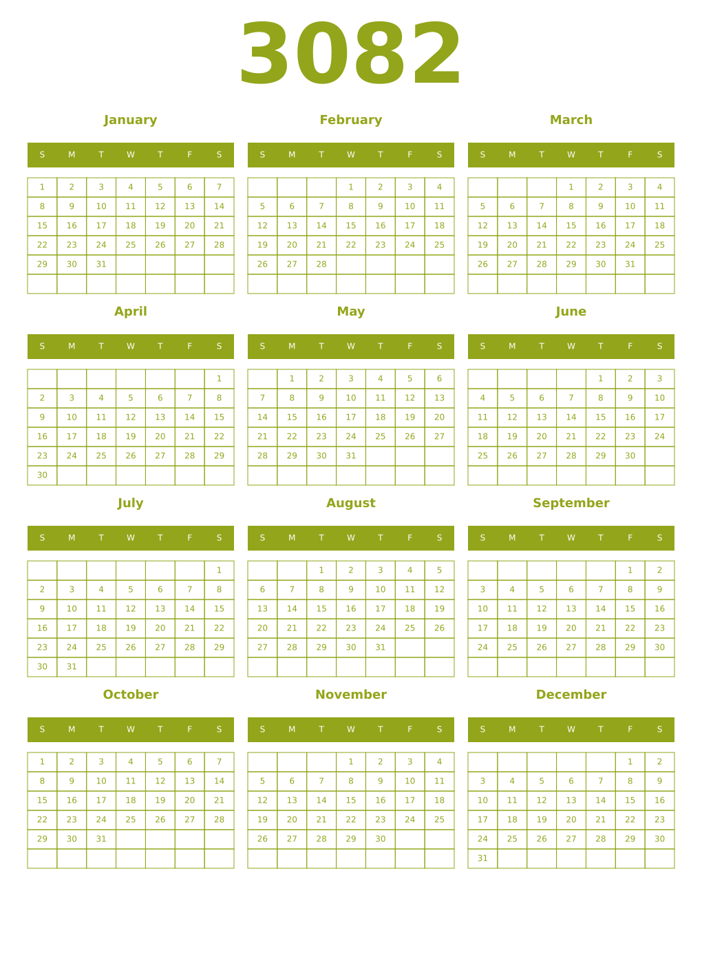 Printable 3082 Year Calendars chartreuse