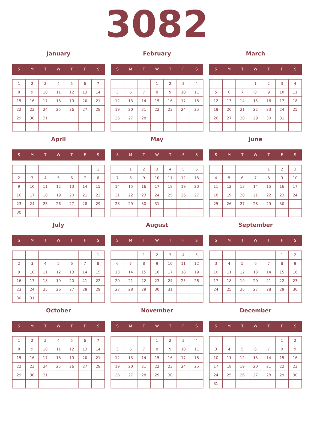 Printable 3082 Year Calendars cordovan