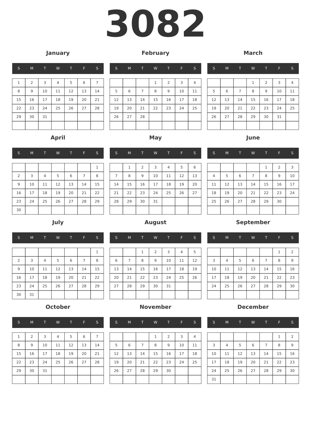 Printable 3082 Year Calendars dark