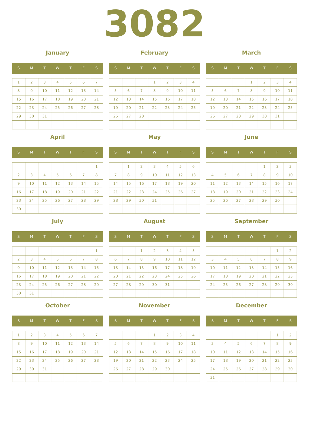 Printable 3082 Year Calendars eburnean