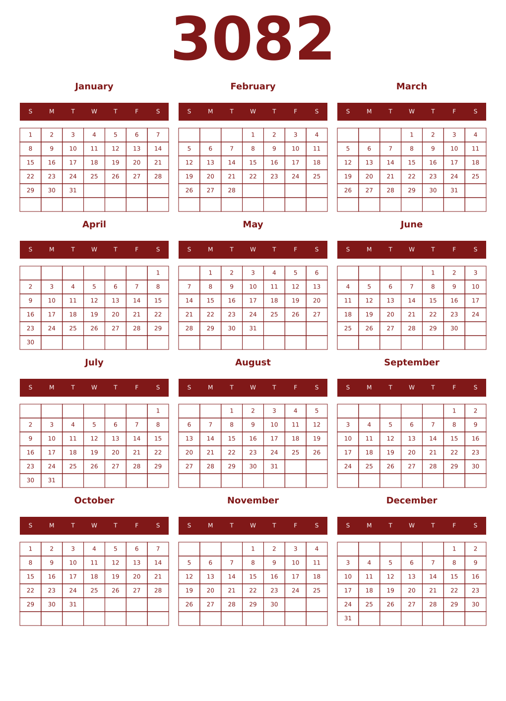 Printable 3082 Year Calendars falu