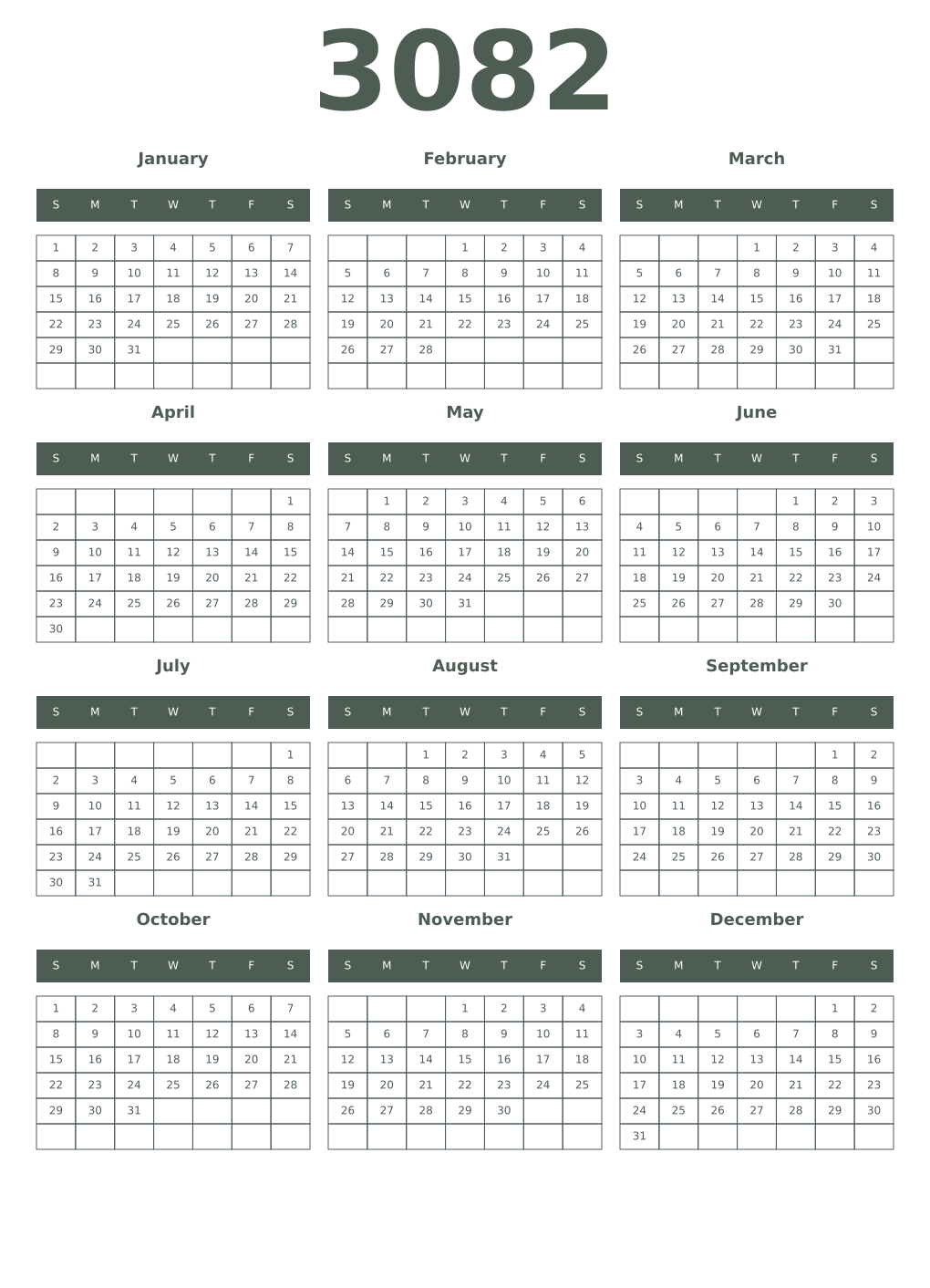 Printable 3082 Year Calendars feldgrau