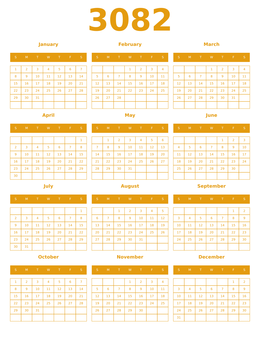 Printable 3082 Year Calendars gamboge