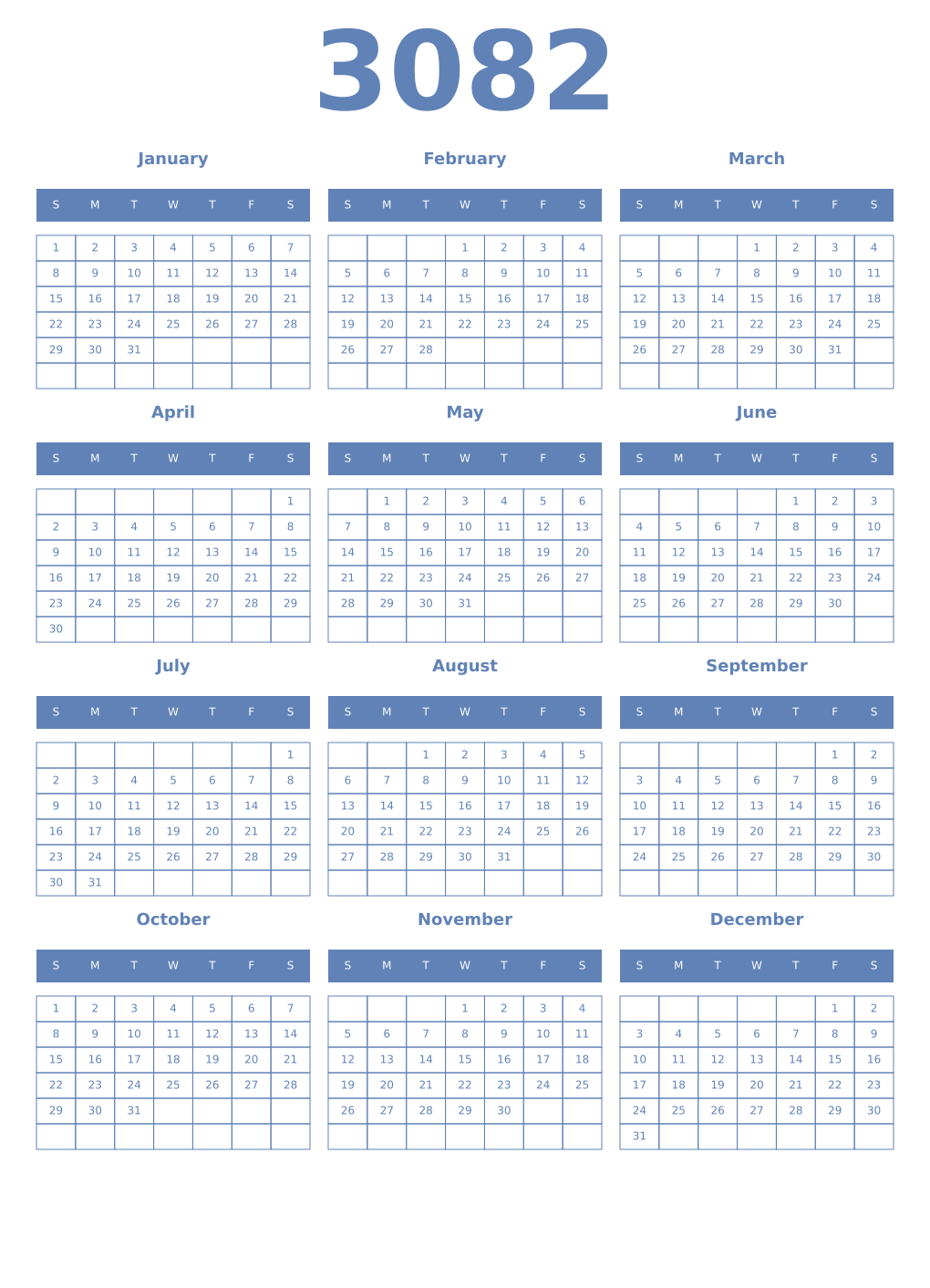 Printable 3082 Year Calendars glaucous