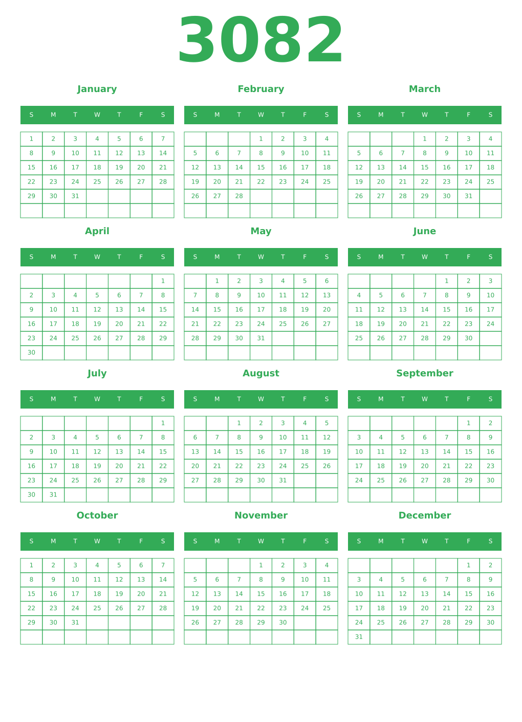 Printable 3082 Year Calendars green