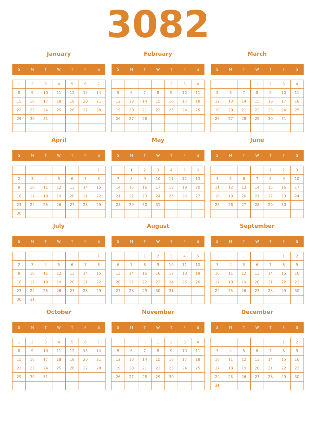 Printable 3082 Year Calendars orange