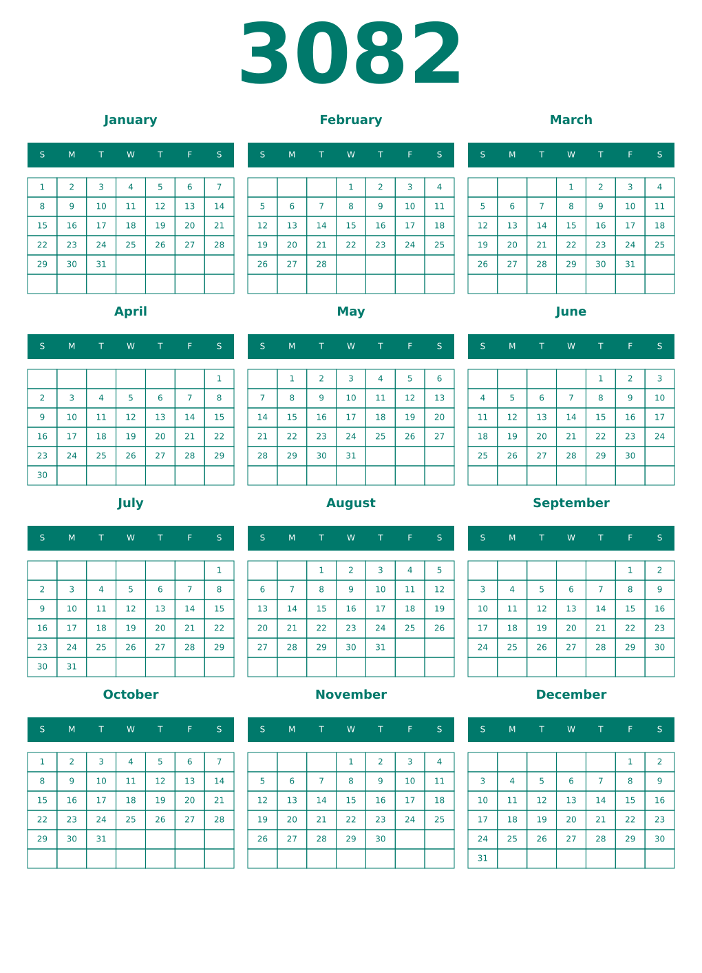 Printable 3082 Year Calendars pastel