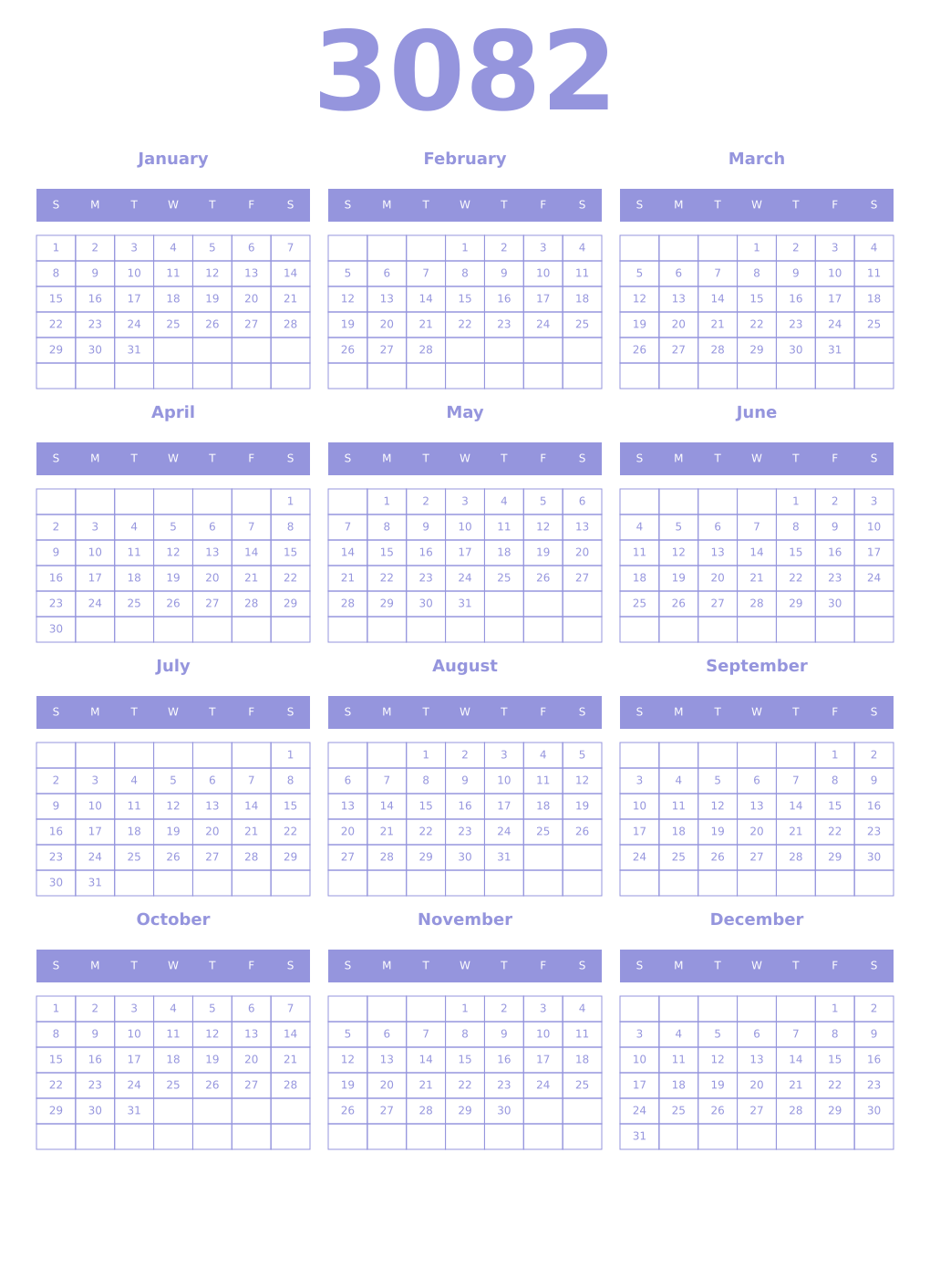 Printable 3082 Year Calendars periwinkle
