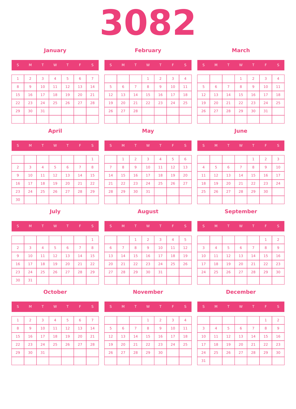 Printable 3082 Year Calendars pink