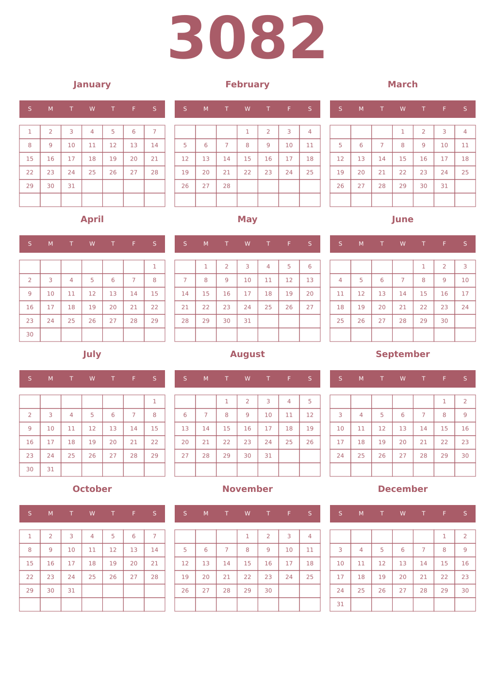 Printable 3082 Year Calendars puce