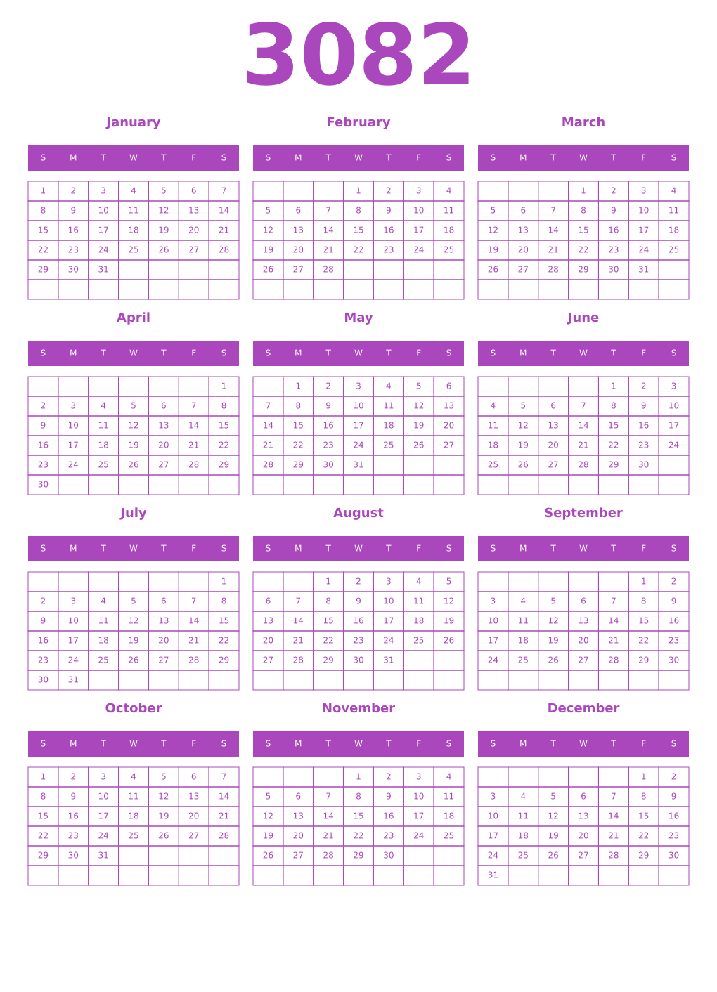 Printable 3082 Year Calendars purple