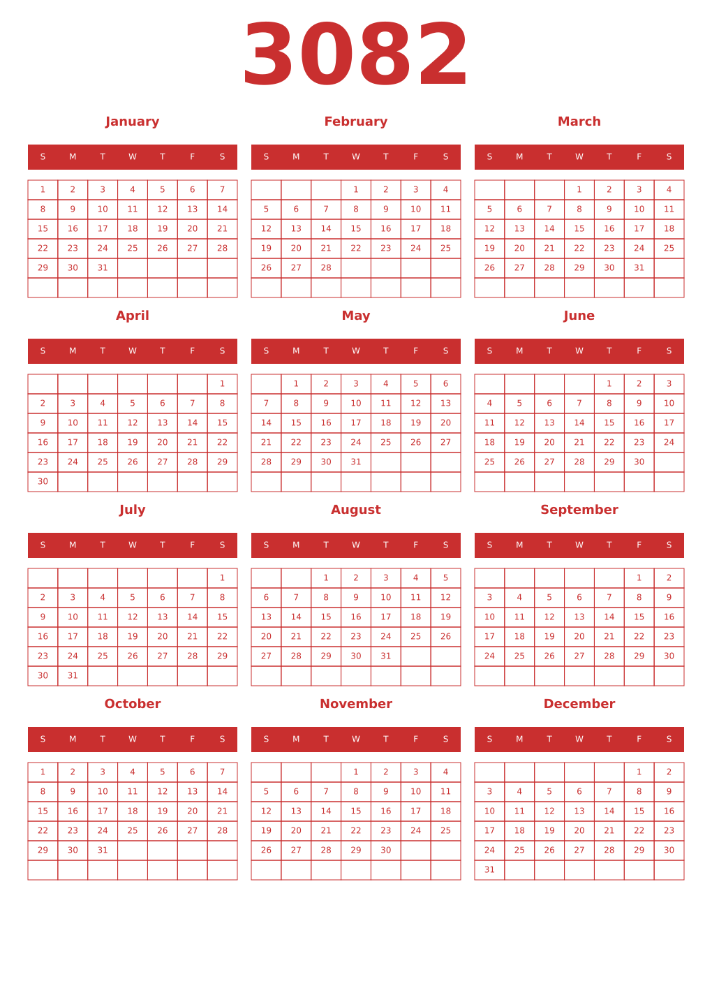 Printable 3082 Year Calendars red