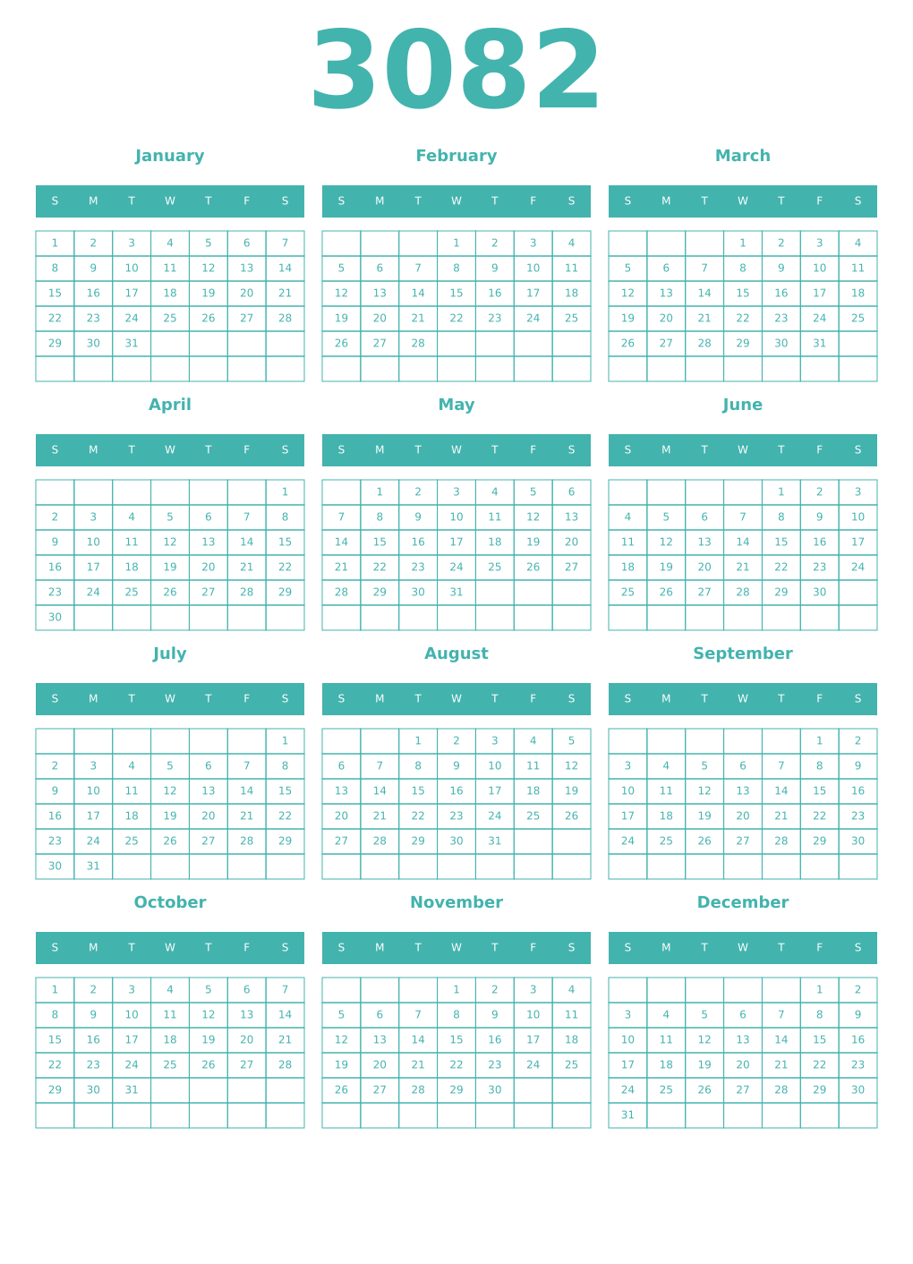 Printable 3082 Year Calendars verdigris