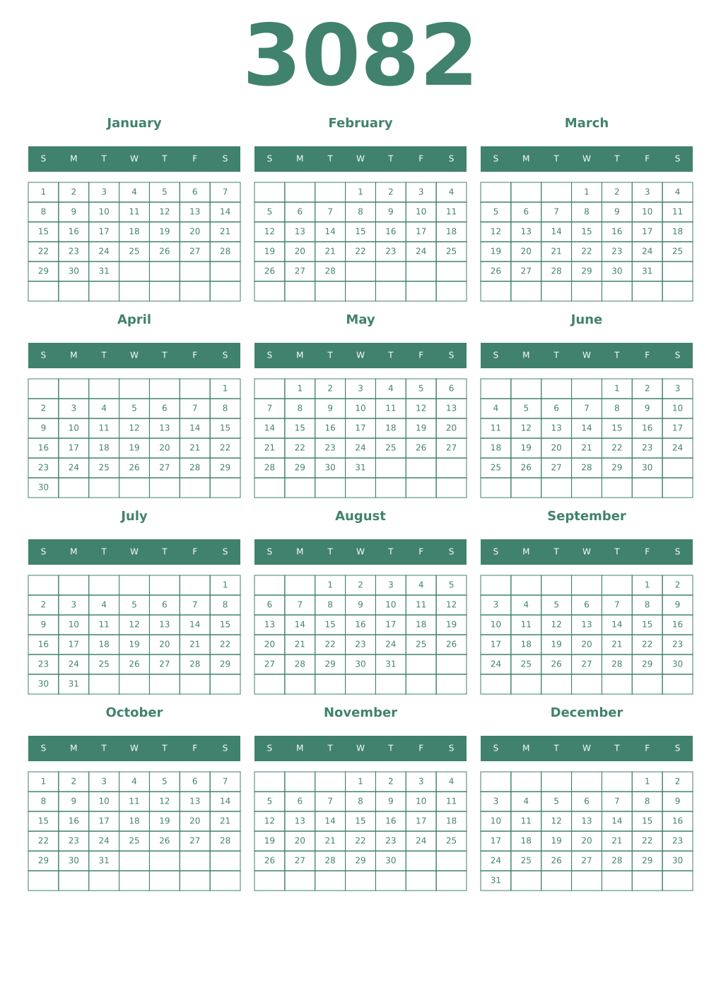 Printable 3082 Year Calendars viridian