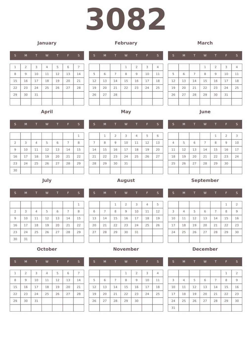 Printable 3082 Year Calendars wenge