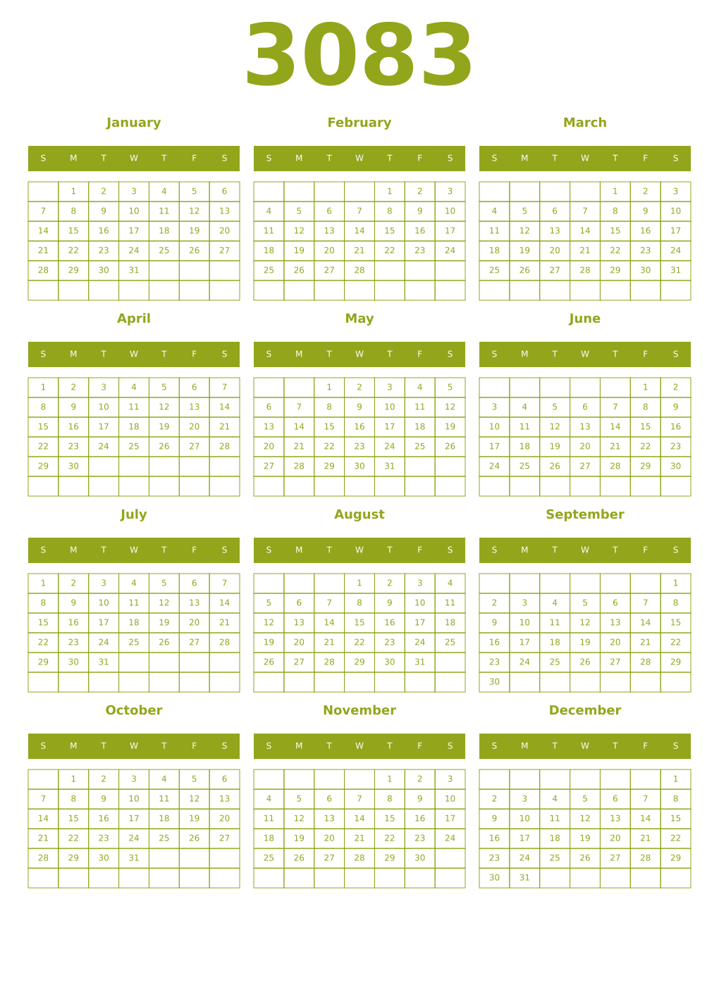 Printable 3083 Year Calendars chartreuse