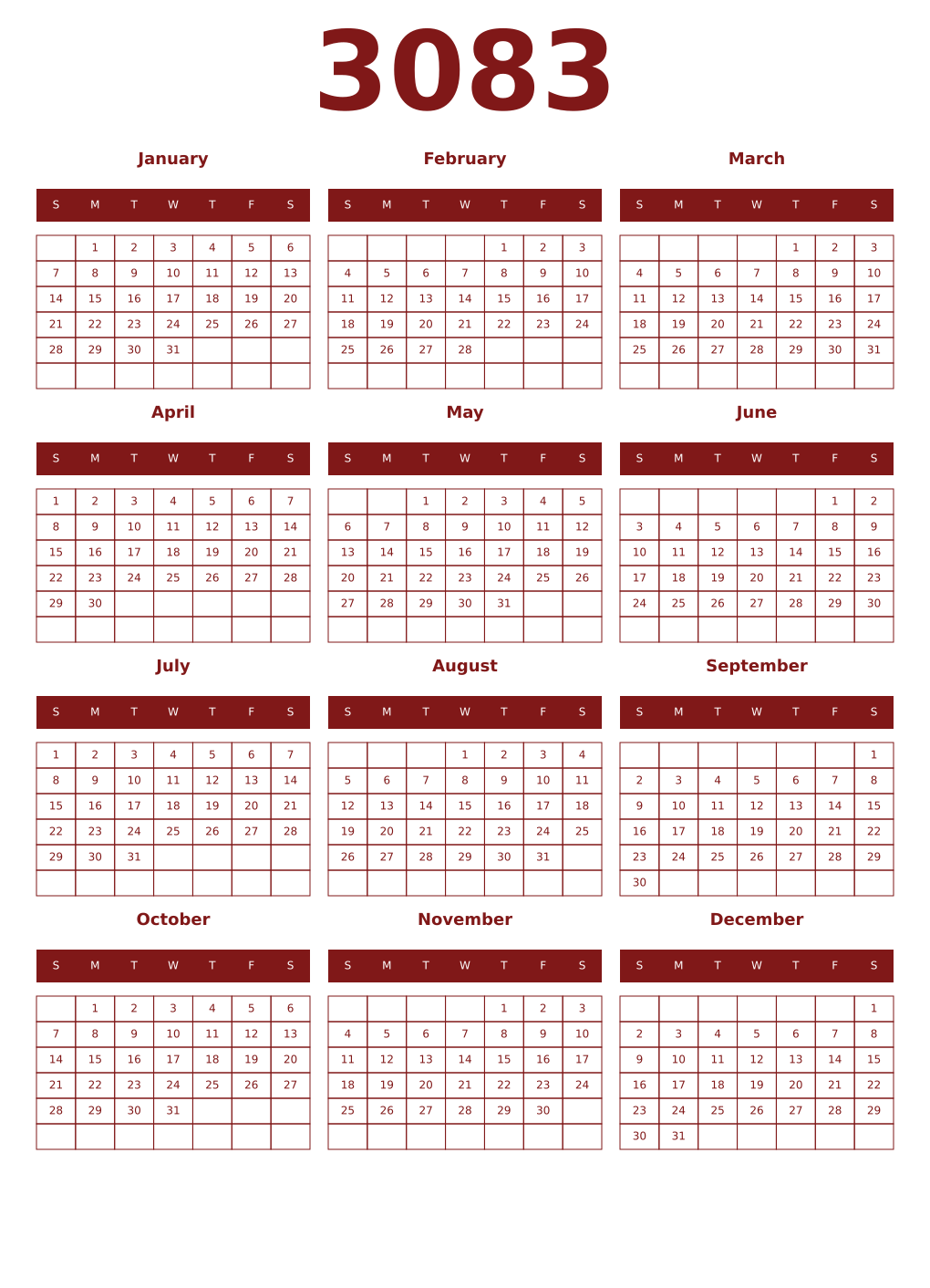 Printable 3083 Year Calendars falu