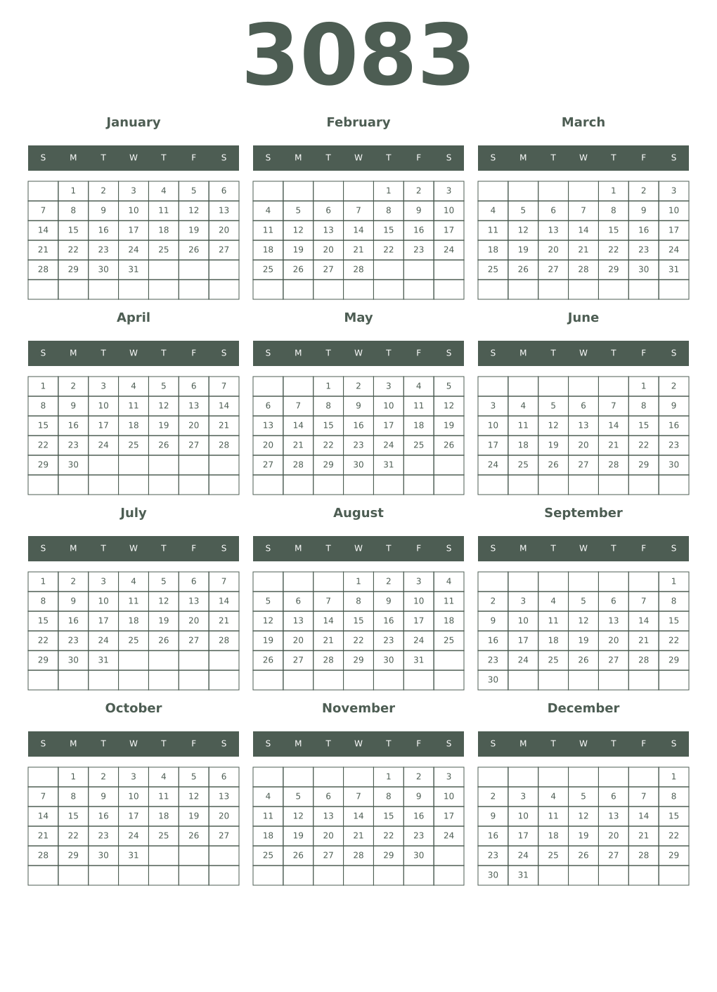 Printable 3083 Year Calendars feldgrau