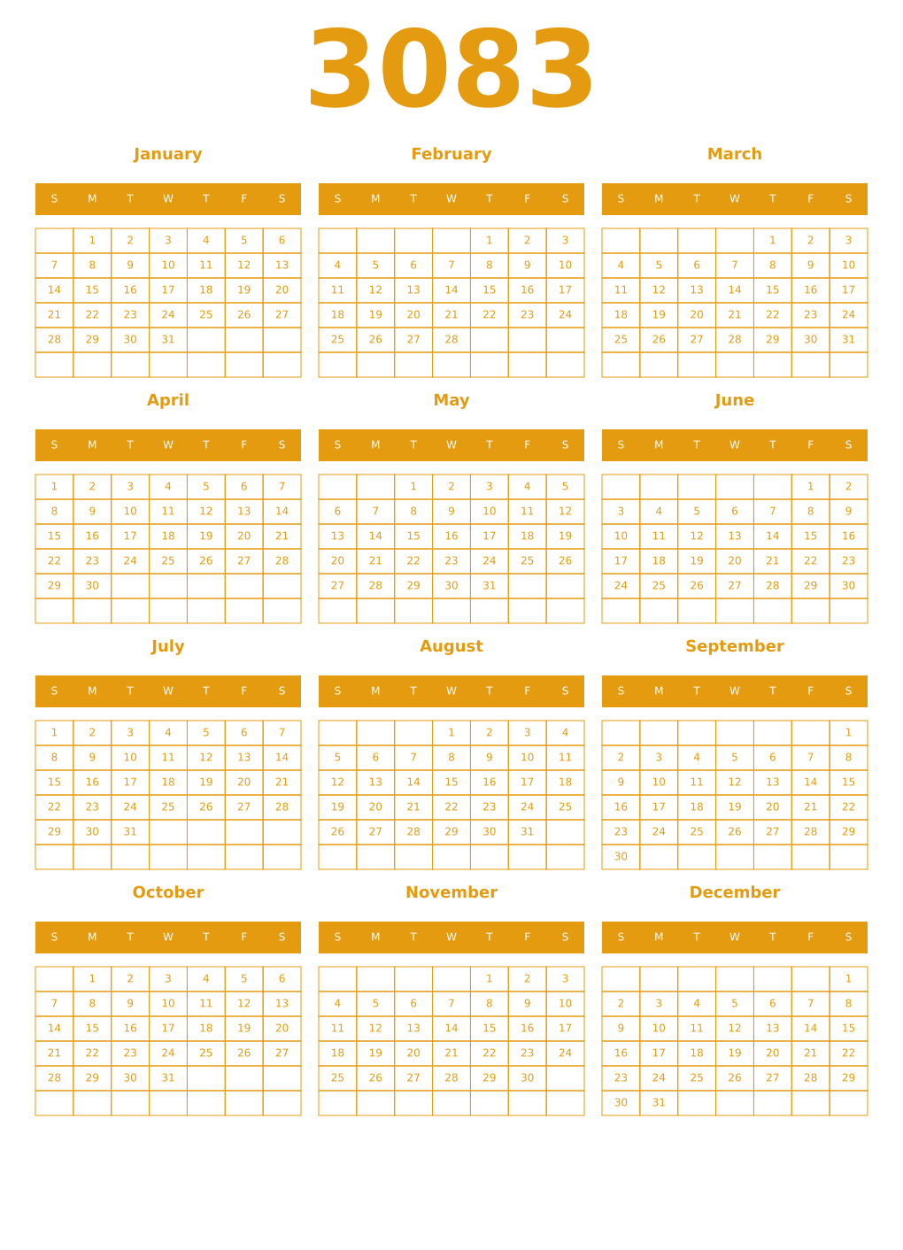 Printable 3083 Year Calendars gamboge