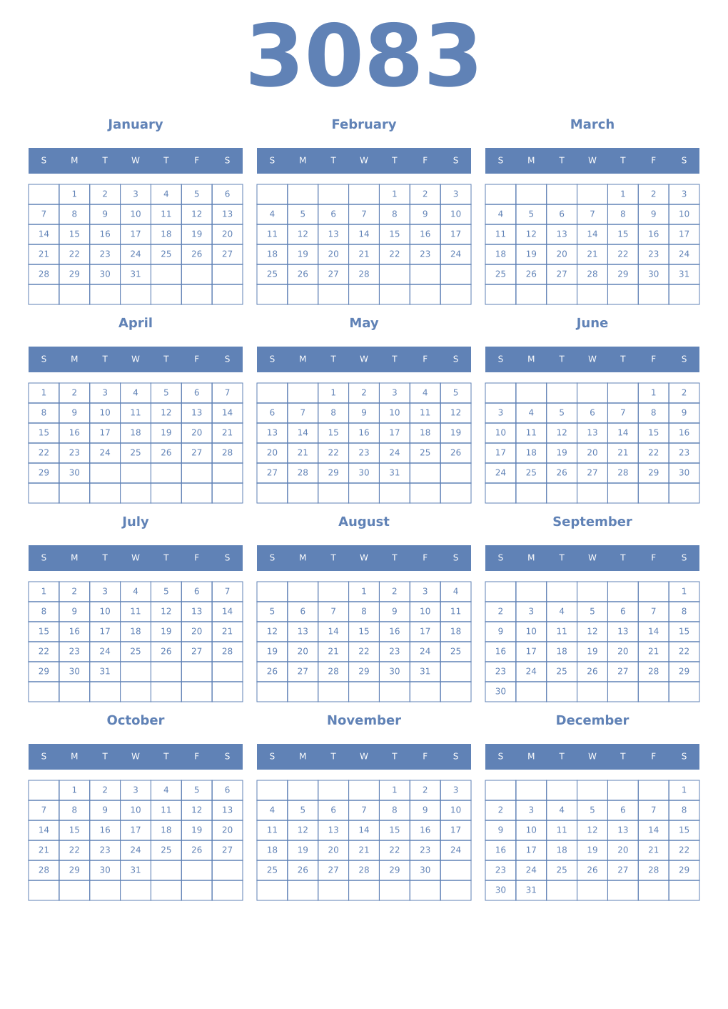 Printable 3083 Year Calendars glaucous
