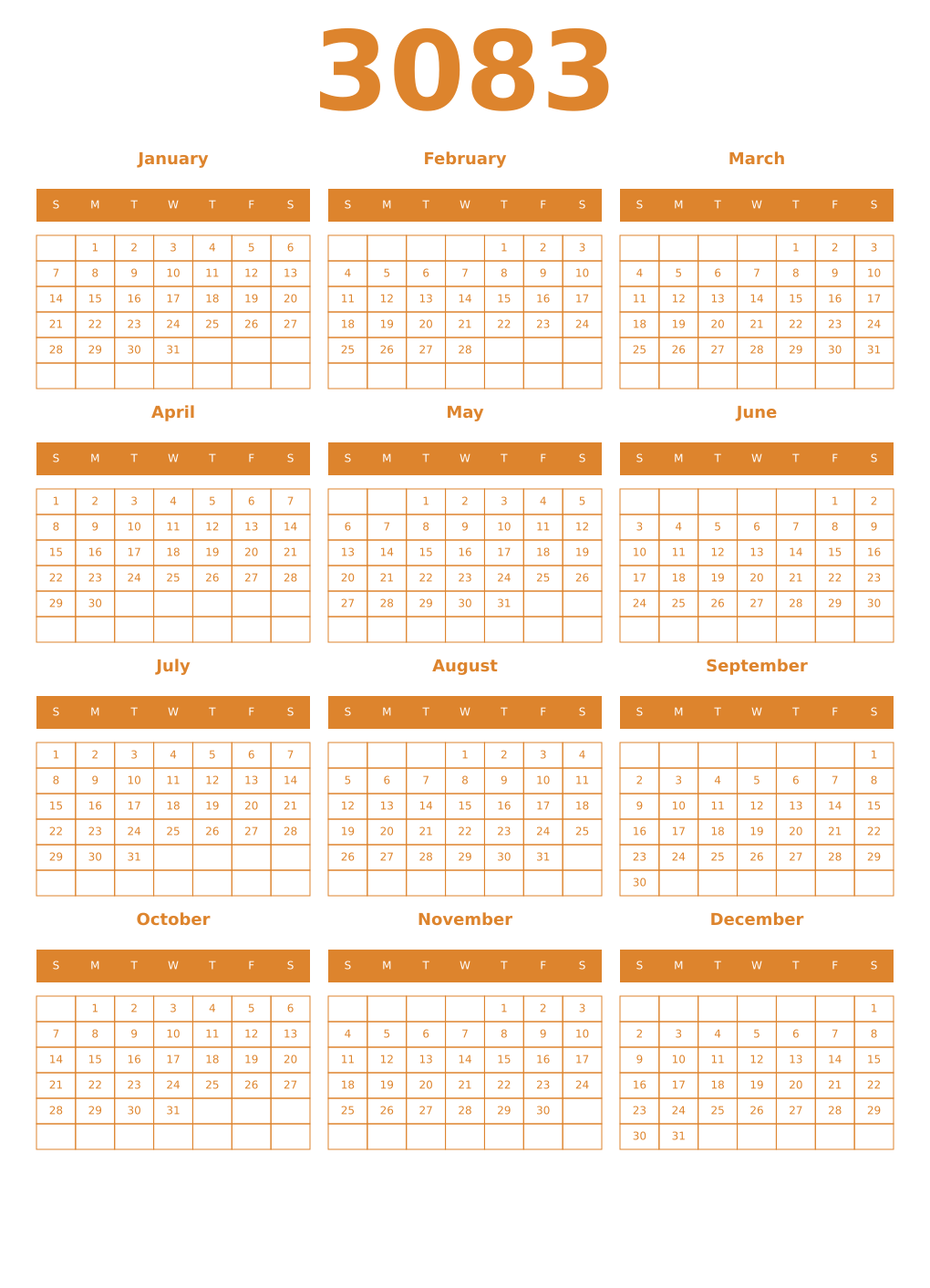 Printable 3083 Year Calendars orange