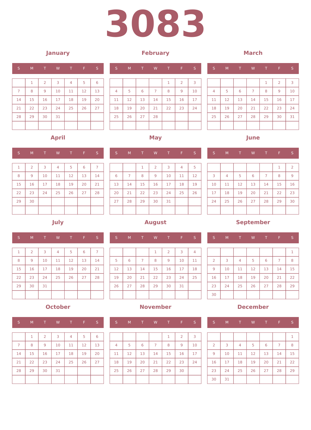 Printable 3083 Year Calendars puce